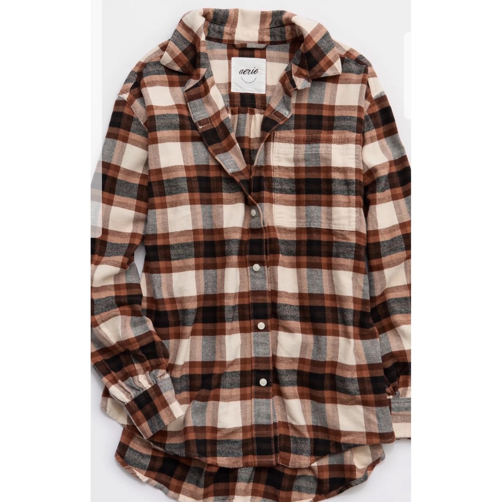 Aerie Plaid Oversized Flannel Shirt Brown Cream Black XXS New With Tags